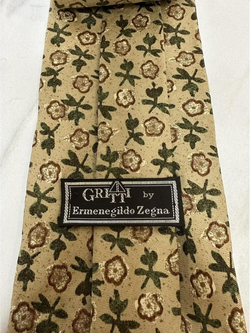 Gritti by Ermenegildo Zegna tan/brown/cream/green floral Italian silk necktie